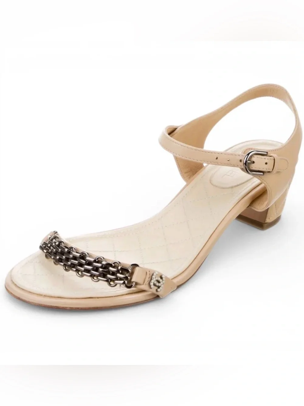 Chanel Nude Tan Beige Chain and Pearl Ankle Strap Quilted Heeled Sandals